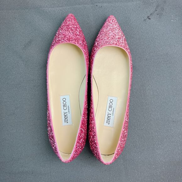 NEW! Jimmy Choo Alina Coarse Glitter Pointy Toe Ballerinas Dragon Fruit
